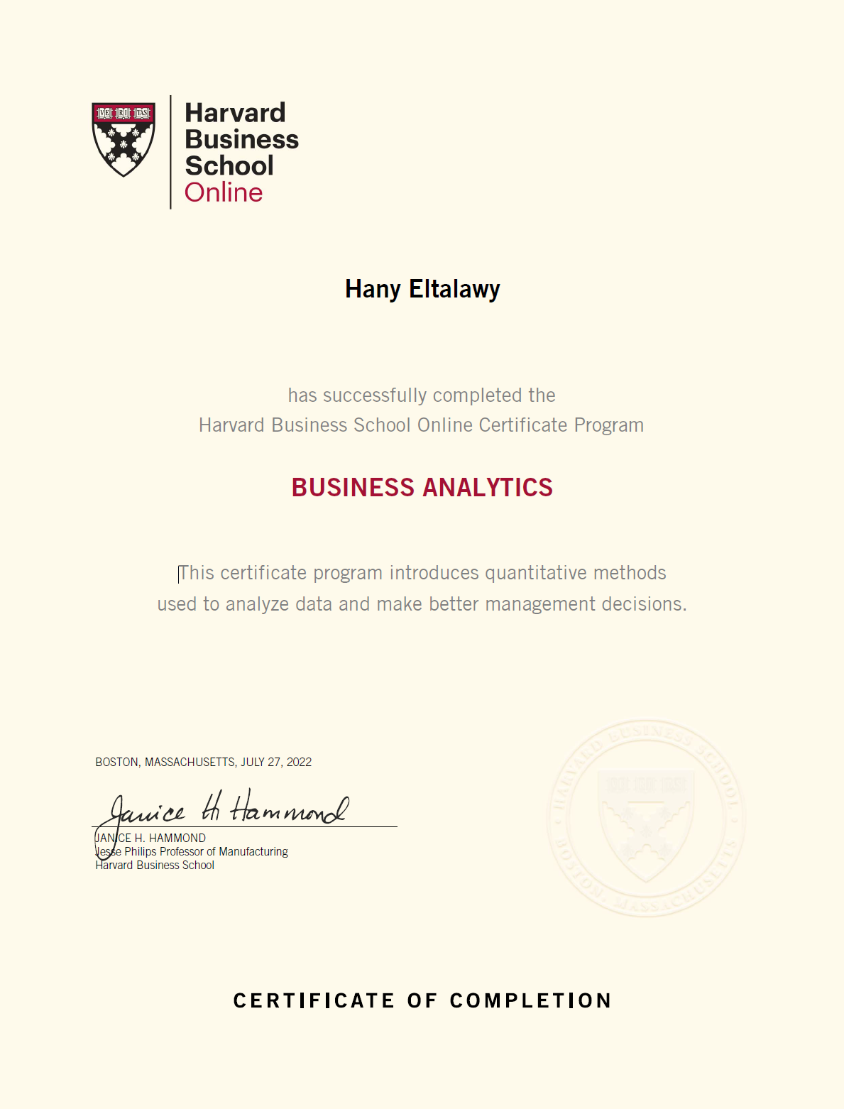 Business Analytics Certificate